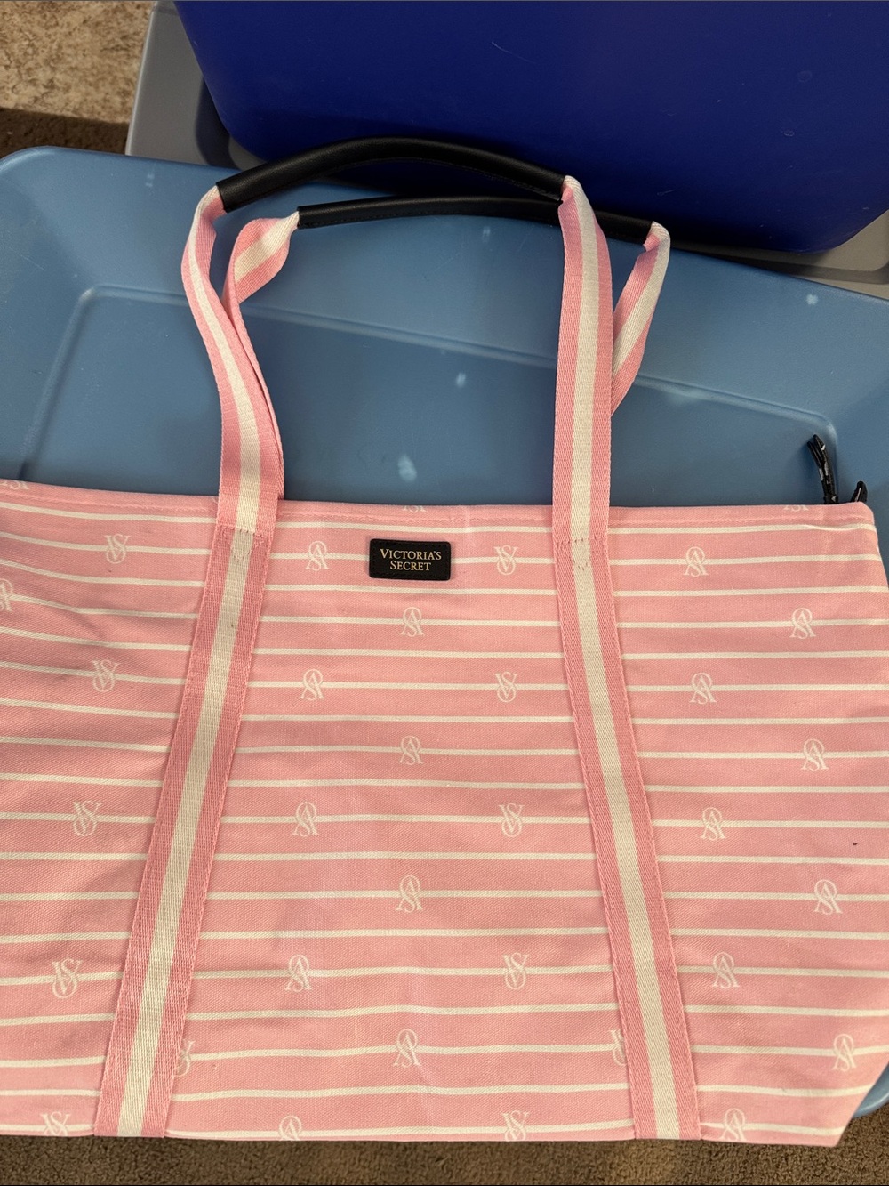 Victoria's Secret Pink and White Striped Tote Bag